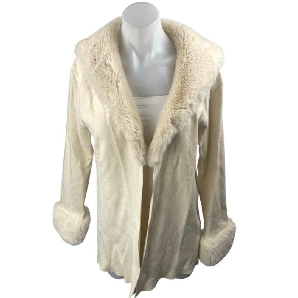 Sioni Women's Cream Long Sleeve Faux Fur Shawl Collar Cardigan Sweater Top Sz M